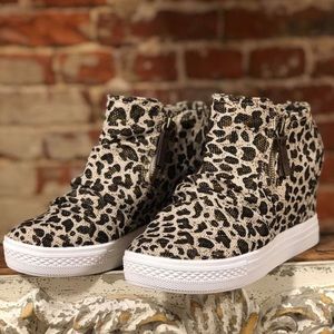 Leopard canvas wedge sneakers